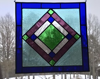 Geometric Stained Glass Suncatcher, Blue & Green Squares Panel