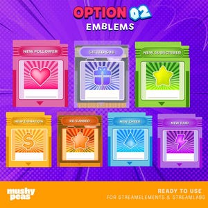 May include: A collection of colorful digital emblems for streaming, featuring icons like a heart, gift, star, dollar sign, and lightning bolt. Each emblem has a unique design and text label, such as "New Follower" and "New Subscriber."