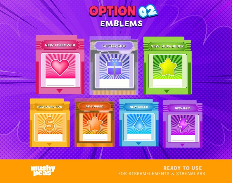May include: A collection of colorful digital emblems for streaming, featuring icons like a heart, gift, star, dollar sign, and lightning bolt. Each emblem has a unique design and text label, such as "New Follower" and "New Subscriber."