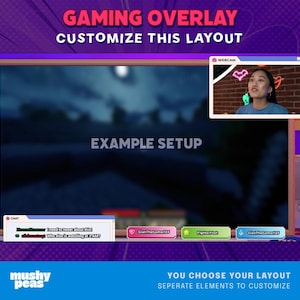 Puede incluir: Un dise&ntilde;o de superposici&oacute;n de juegos con el texto "GAMING OVERLAY CUSTOMIZE THIS LAYOUT" en la parte superior. El dise&ntilde;o incluye una ventana de webcam, cuadros de chat y elementos personalizables. Las palabras "EXAMPLE SETUP" se muestran en la pantalla principal.