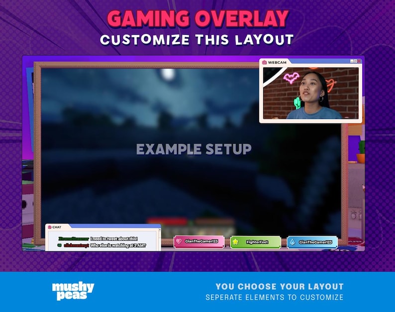 Puede incluir: Un dise&ntilde;o de superposici&oacute;n de juegos con el texto "GAMING OVERLAY CUSTOMIZE THIS LAYOUT" en la parte superior. El dise&ntilde;o incluye una ventana de webcam, cuadros de chat y elementos personalizables. Las palabras "EXAMPLE SETUP" se muestran en la pantalla principal.