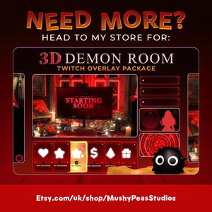 Op de afbeelding: Een rood en zwart Twitch-overlaypakket voor een 3D-demonenruimtethema. De overlay bevat een startscherm, een melding voor nieuwe volgers, een melding voor nieuwe abonnees, een donatiemelding, een cheermelding, een raidmelding en een hostmelding. De overlay bevat ook een chatbox, een paneel voor de social media-links van de streamer en een paneel voor de merchandise van de streamer. De overlay is ontworpen om visueel aantrekkelijk en boeiend te zijn voor kijkers.