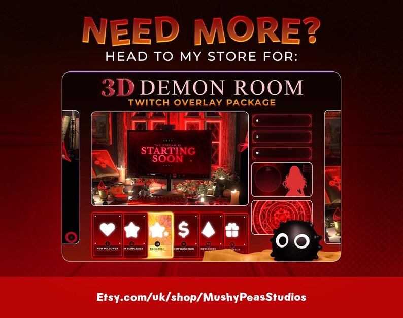 Op de afbeelding: Een rood en zwart Twitch-overlaypakket voor een 3D-demonenruimtethema. De overlay bevat een startscherm, een melding voor nieuwe volgers, een melding voor nieuwe abonnees, een donatiemelding, een cheermelding, een raidmelding en een hostmelding. De overlay bevat ook een chatbox, een paneel voor de social media-links van de streamer en een paneel voor de merchandise van de streamer. De overlay is ontworpen om visueel aantrekkelijk en boeiend te zijn voor kijkers.