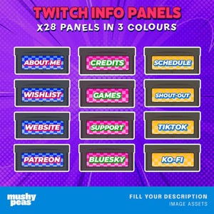 Puede incluir: Gr&aacute;fico digital con paneles de informaci&oacute;n de Twitch en tres colores. Cada panel tiene una etiqueta como "About Me", "Credits", "Schedule", "Wishlist", "Games", "Shout-Out", "Website", "Support", "TikTok", "Patreon", "Bluesky" y "Ko-Fi".
