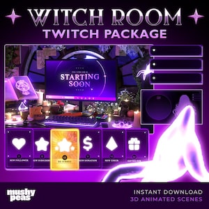 3D Hexe, Gothic & Gemütlich Stream Overlay PAKET | Twitch Alarme, Overlays, Übergänge und mehr | Lilafarbenes Twitch Pack