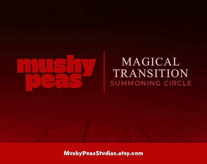 Op de afbeelding: Een rood en wit grafisch ontwerp met de tekst "mushy peas" en "MAGICAL TRANSITION SUMMONING CIRCLE" op een zwarte achtergrond.