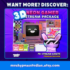 May include: A digital art graphic promoting a 3D Neon Gamer Stream Package. The image features a retro computer with a smiling face on the screen, a bunny wearing sunglasses, and various stream assets. Text includes "WANT MORE? DISCOVER: 3D NEON GAMER STREAM PACKAGE" and "70+ STREAM ASSETS PREMIUM PACKAGE".