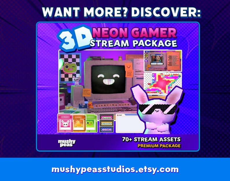 May include: A digital art graphic promoting a 3D Neon Gamer Stream Package. The image features a retro computer with a smiling face on the screen, a bunny wearing sunglasses, and various stream assets. Text includes "WANT MORE? DISCOVER: 3D NEON GAMER STREAM PACKAGE" and "70+ STREAM ASSETS PREMIUM PACKAGE".