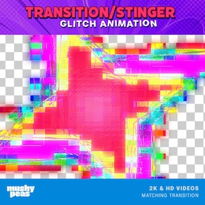 Puede incluir: Una obra de arte digital con efecto glitch, que presenta una vibrante mezcla de colores que incluyen rosa, amarillo, azul y verde. El texto "TRANSITION/STINGER GLITCH ANIMATION" est&aacute; en la parte superior. La parte inferior tiene el texto "2K & HD VIDEOS MATCHING TRANSITION".