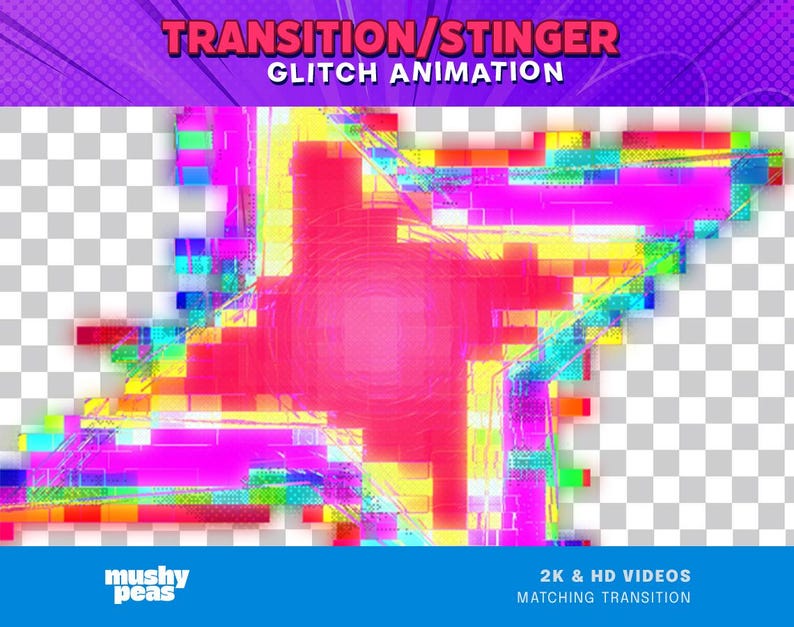 Puede incluir: Una obra de arte digital con efecto glitch, que presenta una vibrante mezcla de colores que incluyen rosa, amarillo, azul y verde. El texto "TRANSITION/STINGER GLITCH ANIMATION" est&aacute; en la parte superior. La parte inferior tiene el texto "2K & HD VIDEOS MATCHING TRANSITION".