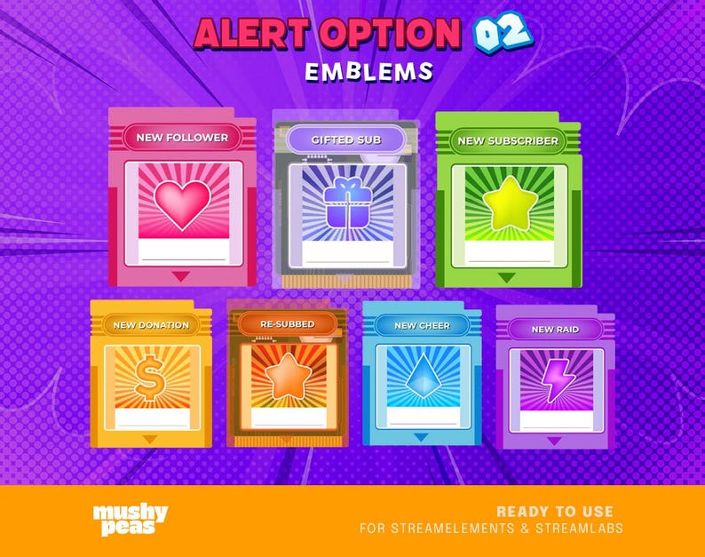 Puede incluir: Un gr&aacute;fico con siete emblemas de opciones de alerta para streamers. Cada emblema tiene un dise&ntilde;o y texto &uacute;nicos, incluyendo "New Follower", "Gifted Sub" y "New Subscriber". Los emblemas est&aacute;n sobre un fondo morado con el texto "Ready to Use".