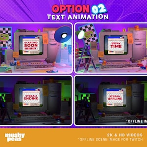 Puede incluir: Ilustraci&oacute;n digital de una computadora retro que muestra animaciones de texto para transmisiones de Twitch. La pantalla muestra mensajes como "Starting Soon", "Break Time", "Stream Ending" y "Stream Offline". Incluye el texto "Option 02 Text Animation".
