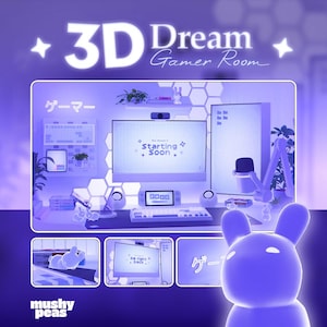 Peut inclure: Illustration violette d'une chambre de joueur 3D Dream. La scène comprend une configuration informatique avec un moniteur affichant "Starting Soon". Des éléments supplémentaires incluent une Switch, un clavier et une figurine de lapin lumineuse. Le texte comprend "3D Dream Gamer Room" et "mushy peas".