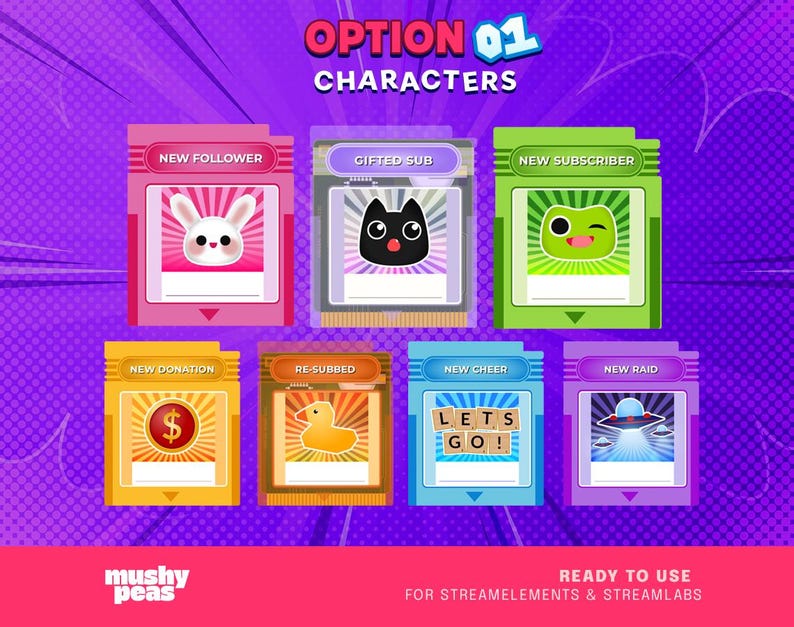 May include: A graphic featuring seven colorful panels with cartoon characters and text. The panels include a bunny, cat, frog, dollar sign, duck, the words "LET'S GO!", and a UFO. The text includes "NEW FOLLOWER", "GIFTED SUB", "NEW SUBSCRIBER", "NEW DONATION", "RE-SUBBED", "NEW CHEER", and "NEW RAID".
