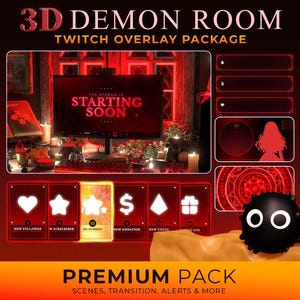 3D-geanimeerde Twitch Demonische twitch-overlay-pakket | Twitch-meldingen, overlays, overgangen en meer |  Twitch-pack donkerrood thema