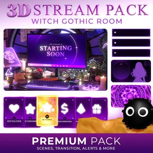 Pacote de sobreposição de transmissão 3D Witch, Gothic & cozy | Alertas Twitch, sobreposições, transições e muito mais | Pacote Twitch com tema roxo