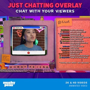 Puede incluir: Una superposici&oacute;n digital para transmisi&oacute;n en vivo, con un monitor de computadora con una vista de c&aacute;mara web de una persona. La pantalla muestra el texto "WEBCAM". Una ventana de chat est&aacute; a la derecha. El texto "JUST CHATTING OVERLAY" est&aacute; en la parte superior.
