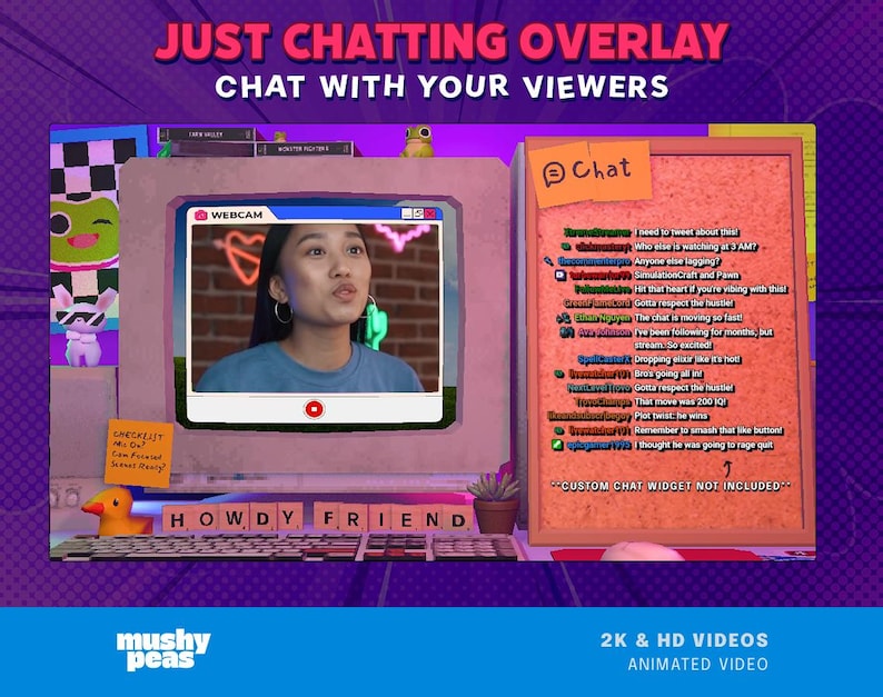 Puede incluir: Una superposici&oacute;n digital para transmisi&oacute;n en vivo, con un monitor de computadora con una vista de c&aacute;mara web de una persona. La pantalla muestra el texto "WEBCAM". Una ventana de chat est&aacute; a la derecha. El texto "JUST CHATTING OVERLAY" est&aacute; en la parte superior.