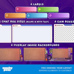Puede incluir: Un dise&ntilde;o gr&aacute;fico digital con elementos de superposici&oacute;n de transmisi&oacute;n. Incluye seis etiquetas de diferentes colores, doce tama&ntilde;os de cuadros de chat, seis cuadros de c&aacute;mara y seis fondos de imagen de superposici&oacute;n. El dise&ntilde;o est&aacute; sobre un fondo p&uacute;rpura con texto.