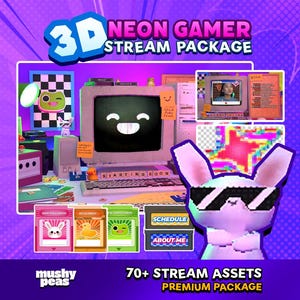 以下が含まれることがあります： 3D Neon Gamer Stream Packageを宣伝する鮮やかなデジタルイラスト。 画面に笑顔の顔が表示されたレトロなコンピューターと、アニメーショングラフィックやオーバーレイなど、さまざまなストリームアセットが特徴です。 テキストは「70+ Stream Assets Premium Package」と表示されています。
