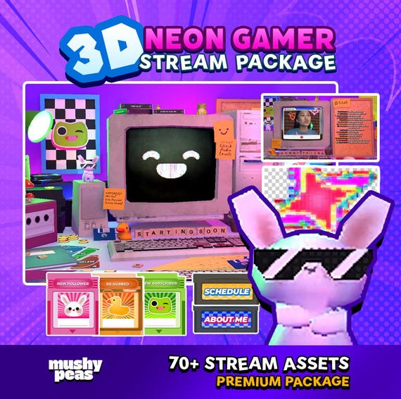 3D Retro Neon Room TwitchPack | Lo-fi Alerts, Labels, Just Chatting & More!