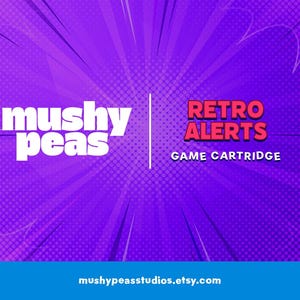May include: A purple background with white radial lines and a dot pattern. The text "mushy peas" is in white, and "RETRO ALERTS GAME CARTRIDGE" is in red. The website address mushypeasstudios.etsy.com is at the bottom.
