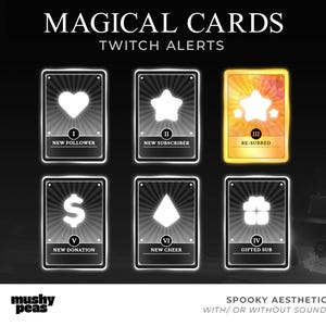 Alertas de transmisión mágica de neón en blanco y negro / Diseño de cartas de tarot animadas y espeluznantes