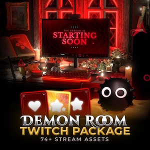 May include: A digital stream overlay package featuring a dark red theme with a computer monitor displaying the text THE STREAM IS STARTING SOON. Includes a black spiky character, three red cards with white icons, and the text DEMON ROOM TWITCH PACKAGE 74+ STREAM ASSETS.