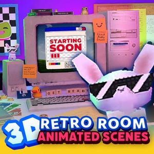 Puede incluir: Una ilustración digital 3D de un equipo informático retro con un monitor que muestra una pantalla de Starting Soon, un teclado con fichas de Get Ready, un conejo pixelado con gafas de sol y varios accesorios de escritorio como un patito.