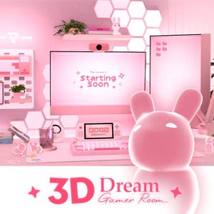 May include: A pink-themed gaming setup featuring a computer monitor displaying the text 'The stream is Starting Soon', a handheld gaming console, a mechanical keyboard, a mouse pad, hexagonal wall lights, and a large pink rabbit-shaped figure.