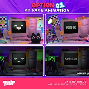 Puede incluir: Imagen de cuatro paneles que muestra animaciones de caras de PC con una configuraci&oacute;n de computadora retro. Las pantallas muestran emoticonos y texto como "BRB" y "OFFLINE". Una figura de gato negro est&aacute; en el escritorio. El texto en la parte inferior dice "2K & HD VIDEOS" y "OFFLINE SCENE IMAGE FOR TWITCH".