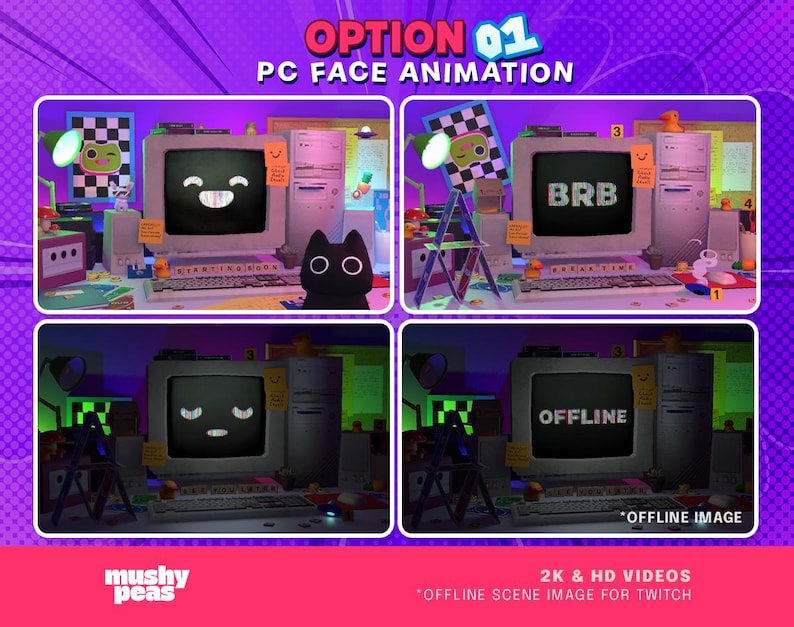Puede incluir: Imagen de cuatro paneles que muestra animaciones de caras de PC con una configuraci&oacute;n de computadora retro. Las pantallas muestran emoticonos y texto como "BRB" y "OFFLINE". Una figura de gato negro est&aacute; en el escritorio. El texto en la parte inferior dice "2K & HD VIDEOS" y "OFFLINE SCENE IMAGE FOR TWITCH".