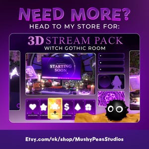 以下が含まれることがあります： 魔女のゴシックな部屋をテーマにした、TwitchまたはYouTube用のパープルとブラックの3Dストリームパック。このパックには、アニメーションオーバーレイ、アラート、画面が含まれています。画像の上部には、「NEED MORE? HEAD TO MY STORE FOR: 3D STREAM PACK WITCH GOTHIC ROOM」というテキストが表示されています。コンピューターの画面には、「STARTING SOON」というテキストが表示されています。画像の下部には、「Etsy.com/uk/shop/MushyPeasStudios」というテキストが表示されています。