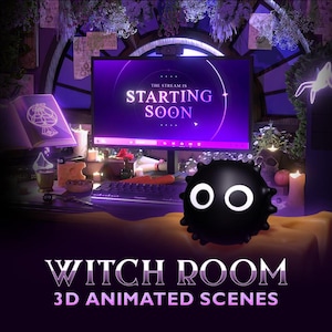 May include: A 3D animated scene featuring a computer monitor displaying the text THE STREAM IS STARTING SOON in purple and white. A black spiky creature with two large white eyes sits in the foreground. The room includes candles and a book.