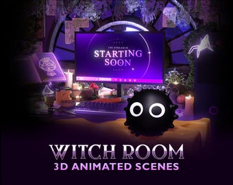 May include: A 3D animated scene featuring a computer monitor displaying the text THE STREAM IS STARTING SOON in purple and white. A black spiky creature with two large white eyes sits in the foreground. The room includes candles and a book.