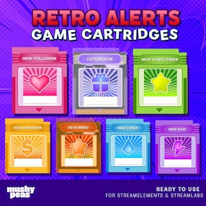 May include: A set of retro game cartridge graphics with the text "RETRO ALERTS GAME CARTRIDGES." Each cartridge displays a different icon and text, such as "NEW FOLLOWER," "GIFTED SUB," and "NEW SUBSCRIBER."