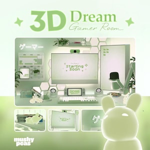 Op de afbeelding: Een 3D Dream Gamer Room scène in groentinten. De afbeelding toont een computeropstelling met een monitor met "Starting Soon". Een toetsenbord, luidsprekers en een gameconsole zijn zichtbaar. De tekst "3D Dream Gamer Room" staat bovenaan.