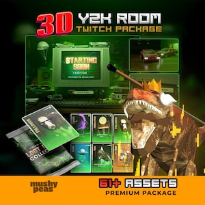 May include: A 3D Y2K room Twitch package featuring a retro computer monitor displaying Starting Soon text, a low-poly dinosaur wearing a crown, and a collection of digital cards. The set includes over 61 assets with green and orange accents.