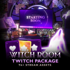 Könnte beinhalten: Ein digitales Stream-Overlay-Paket mit einer violetten Hexenzimmer-Ästhetik. Der Monitor zeigt den Text THE STREAM IS STARTING SOON. Darunter befinden sich drei rechteckige Karten mit Herz- und Sternsymbolen sowie der Text WITCH ROOM TWITCH PACKAGE 74+ STREAM ASSETS.
