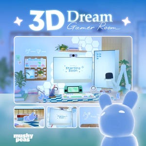 May include: A digital illustration of a 3D Dream Gamer Room. The image features a computer setup with a monitor displaying "Starting Soon." A Nintendo Switch, keyboard, and other gaming accessories are on the desk. The text "3D Dream Gamer Room" is at the top.