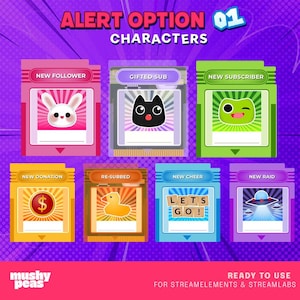 Puede incluir: Gr&aacute;fico con siete opciones de alerta para streamers. Cada alerta tiene un dise&ntilde;o &uacute;nico, incluyendo un conejo, un gato, una rana, un signo de d&oacute;lar, un pato, letras y un OVNI. El texto incluye "New Follower", "Gifted Sub" y "New Subscriber".
