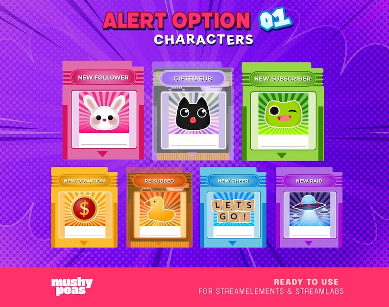 Puede incluir: Gr&aacute;fico con siete opciones de alerta para streamers. Cada alerta tiene un dise&ntilde;o &uacute;nico, incluyendo un conejo, un gato, una rana, un signo de d&oacute;lar, un pato, letras y un OVNI. El texto incluye "New Follower", "Gifted Sub" y "New Subscriber".