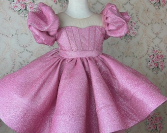 Pink tutu dress birthday/ Prom dress/ princess dress/ flower girl dress/ puff sleeve/ couture girl dress/ tulle dress/ glow girl dress