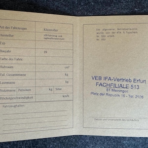 Simson Schwalbe KR51/1, ABE, ristampa della licenza d'esercizio, documenti, impronta del timbro originale, vergine
