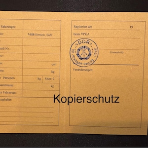 Simson SR2, certificato di immatricolazione, ABE, ristampa del permesso di esercizio, documenti, timbro originale, vuoto, RDT