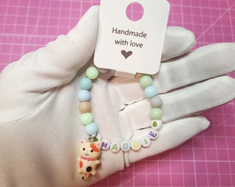 Child's Personalized Name Bracelet: Cat Charm, Beaded Jewelry