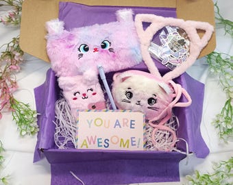 Flauschige Katze Geschenkbox, Geschenk für Mädchen, Geburtstagsgeschenkbox, Kleinkind Mädchengeschenk, Kindergeburtstagsgeschenk, Geschenk für Tochter, Enkelin Geschenk