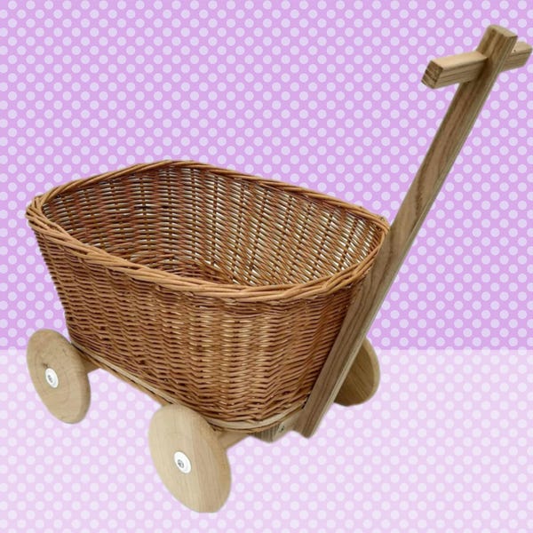 Natural Hand-Made Wicker Toy Wagon With Wheels| Toys Wood Kids Toys Eco-Friendly Artisan Retro Girl's Childrens Gift Doll Toy For Toddlers