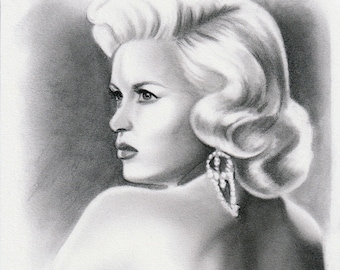 Jayne Mansfield 6x8 Boceto original Grafito Vintage Hollywood Pin-Up Rubia Bombón