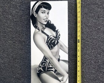 Bettie Page Pin Up 7.5x20 Original Painting Airbrush Black Bikini